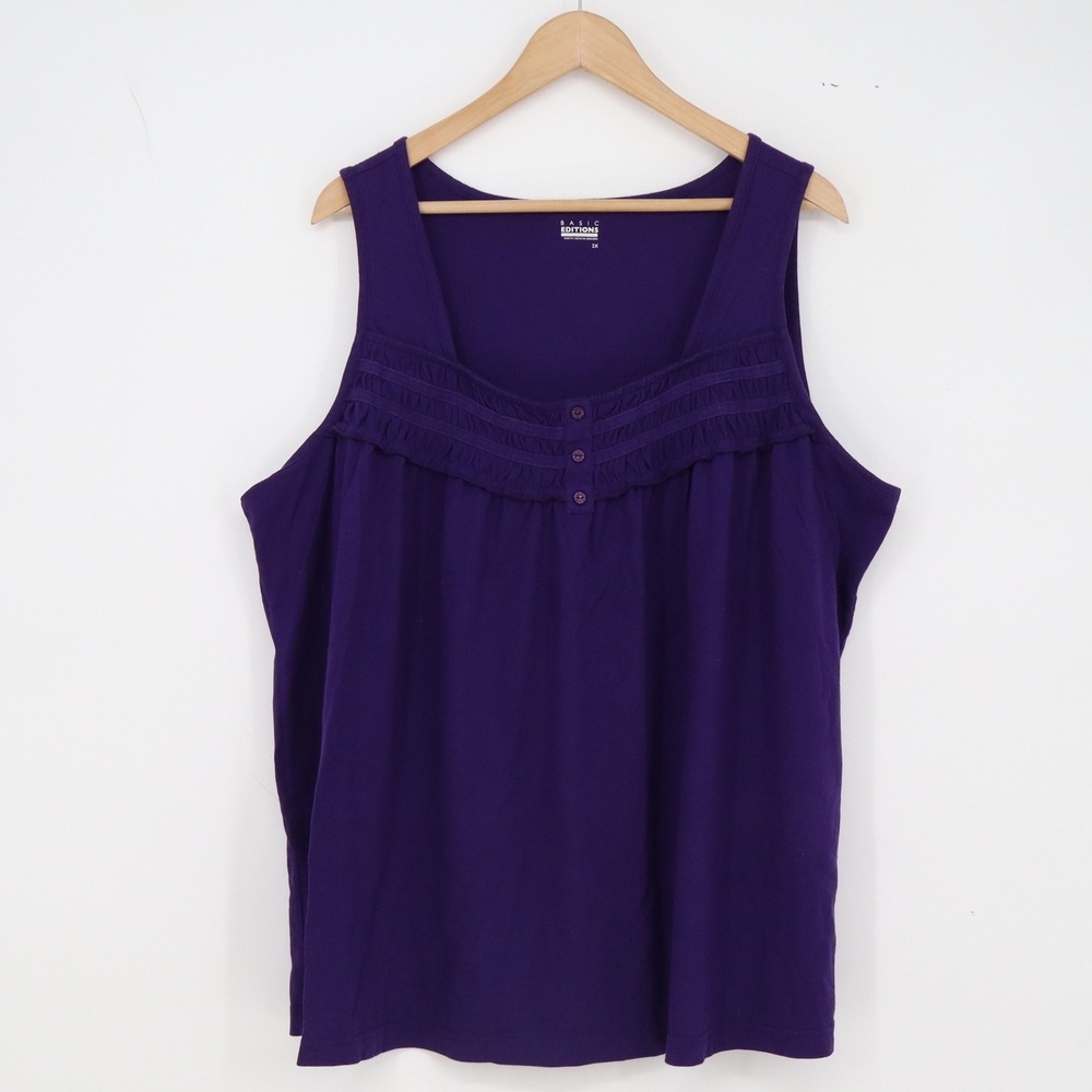 Basic Editions Tank Top Womens 2X Square Neck Purple Pleated Ruffle Excellent